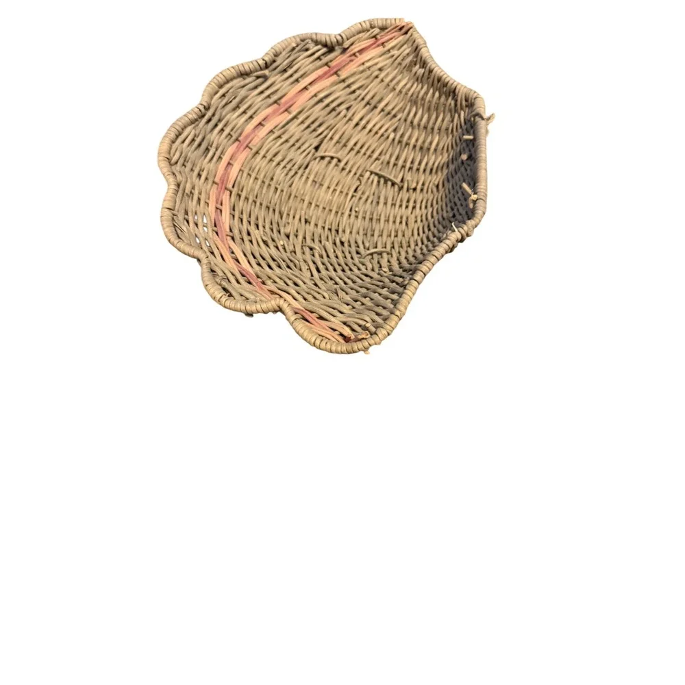 Vintage Woven Wicker Scalloped Shell Basket Coastal Nautical Decor Pink Accent